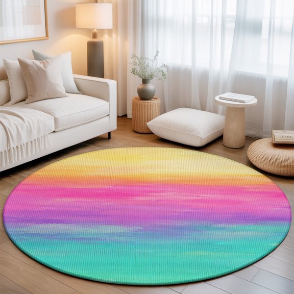 Romantic Sunset 7' Round Rugs for Living Room Conversation Area, Boho Pink Mint Gold Ombre Cloud Art Wave Coastal Washable Non Slip Large Circle Area Rug Under Dining Table