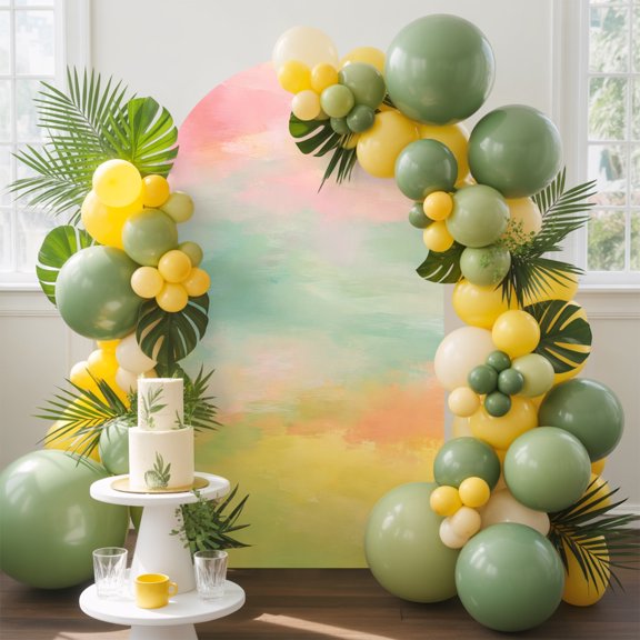 Romantic Sunset Arch Backdrop Cover, 4FT, Boho Pink Mint Yellow Ombre Cloud Art Wave Pastel Spandex Arch Covers Double-Sided Backdrop for Wedding Birthday Party Photo Background Decoration