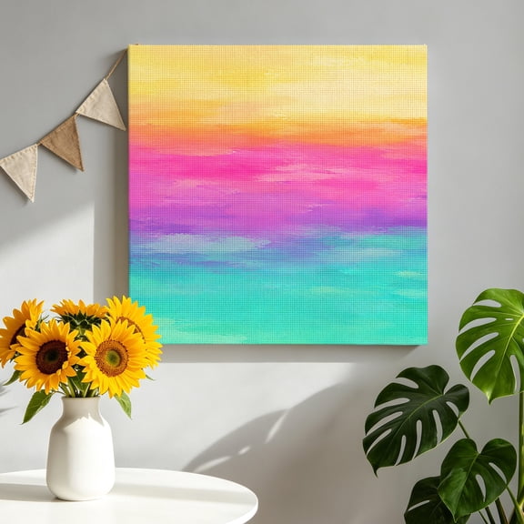 Romantic Sunset Canvas Wall Art, Boho Pink Mint Gold Ombre Cloud Art Wave Coastal Framed Picture Canvas Wall Art Print Decor Artwork Decorations for Living Room Bedroom Ready to Hang 8" x 8"
