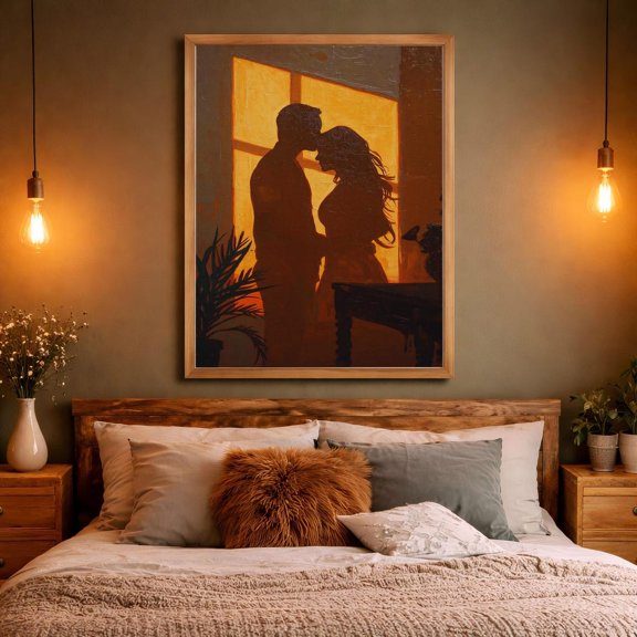 Romantic Sunset Couple Silhouette Love Wall Art Bedroom Decor, Unframed Canvas