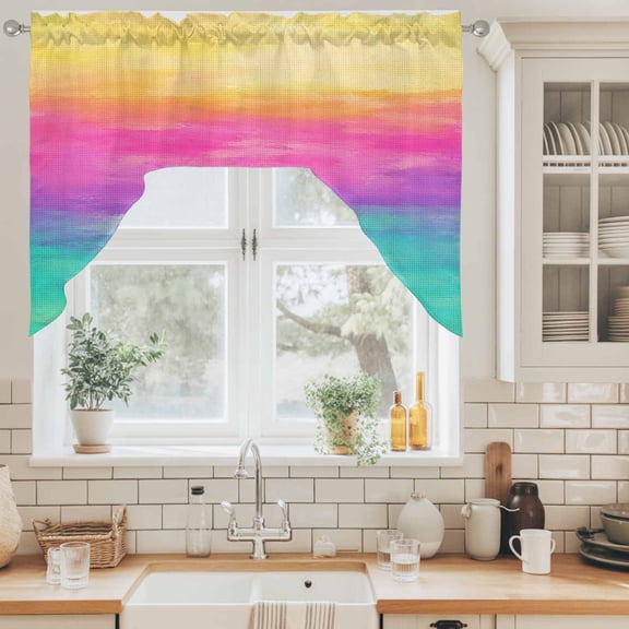 Romantic Sunset Swag Valance for Windows, Boho Pink Mint Gold Ombre Cloud Art Wave Coastal Swag Curtains Valances for Small Window Treatment Rod Pocket for Kitchen Bathroom 1 Panel 56x36in