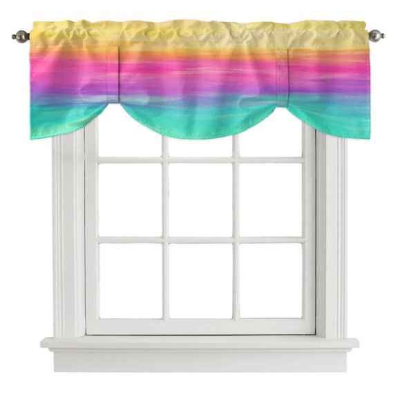 Romantic Sunset Tie Up Valances Curtain, Boho Pink Mint Gold Ombre Cloud Art Wave Coastal Adjustable Valance for Window Light Filtering for Kitchen and Bathroom Rod Pocket 1 Panel 42x12in