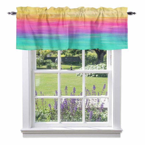 Romantic Sunset Valances for Windows, Boho Pink Mint Gold Ombre Cloud Art Wave Coastal Valance Window Treatment Rod Pocket Short Curtains Valances for Kitchen Bathroom 60"W x 18"L