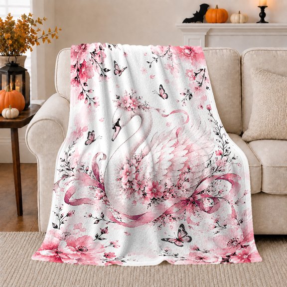 Romantic Swan Blossoms Design, Cozy Bird Art Scene, Warm Flannel Blanket for Living Room and Reading Nook, Bird Lovers Valentine's Day Gift, Artistic Home Decor