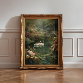 Romantic Swan Couple Art Print, Cottagecore Lake Painting, Vintage Floral English Garden Wall Decor, Victorian Nature Artwork Poster, Poster Only