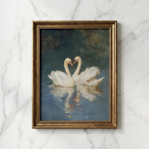 Romantic Swan Couple Oil Painting Print, Moody Lake Landscape Art, Muted Cottagecore Wall Decor, Antique Bird Poster, Dark Academia Art Size 24x36 Unframed Poster
