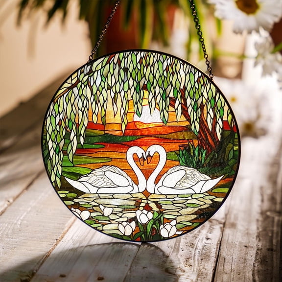 Romantic Swan Glass Suncatcher, Willow Tree Swan Window Hanging Anniversary, 3.5 in