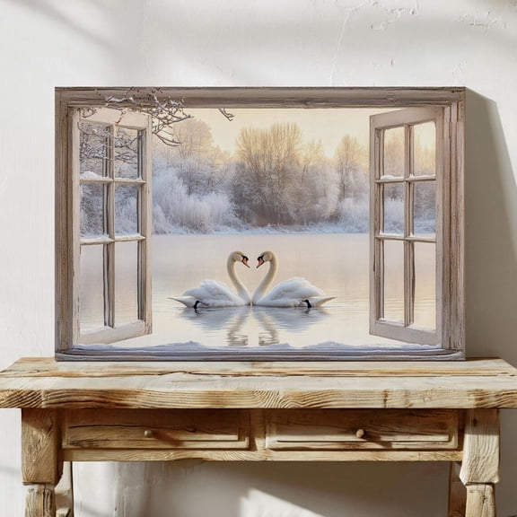 Romantic Swan Lake Window View Cozy Winter Rustic Farmhouse Home Decor Wall Art Modern Wall Decor