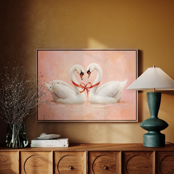 Romantic Swan Pair Wall Art With Red Ribbon On Peach Background - Hangable Love-Themed Wall Decor For Living Room Or Bedroom Wall Art, Modern Wall Decor, 8x12 UNFRAMED