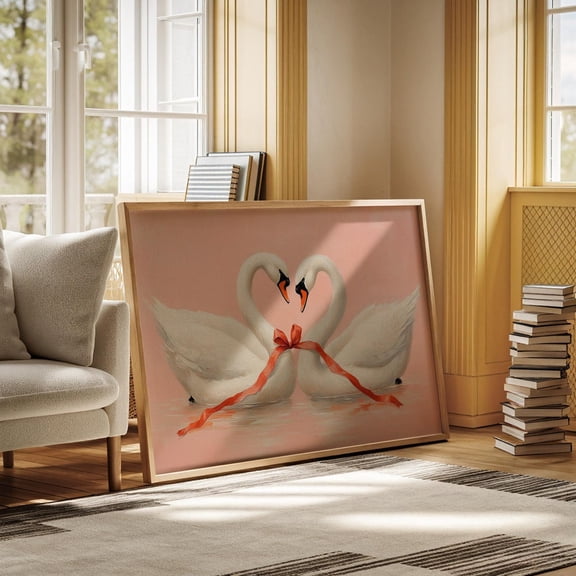 Romantic Swan Pair Wall Art With Red Ribbon On Soft Peach Background - Perfect Hangable Love-Themed Decor Wall Art, Modern Wall Decor, 12x18 UNFRAMED