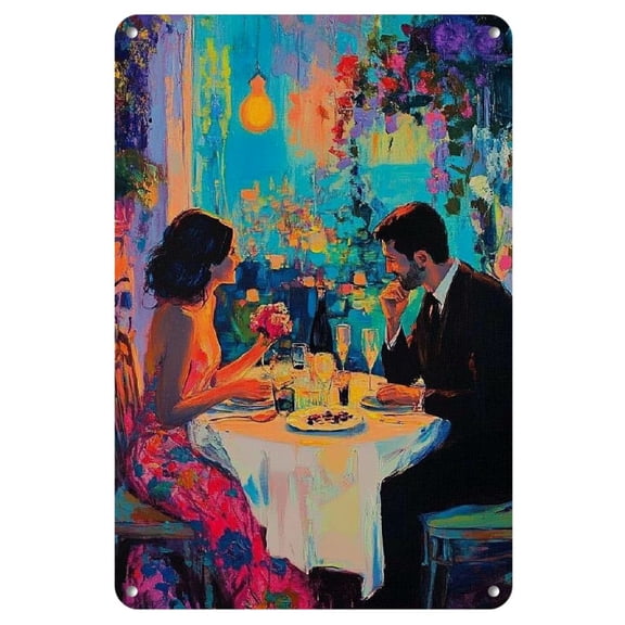 Romantic 'Table for Two' 8" x 12" Metal Tin Sign - Vibrant Candlelit Dinner Illustration, Durable Iron Wall Art, Perfect for Celebrating Love & Anniversaries, Table Decor
