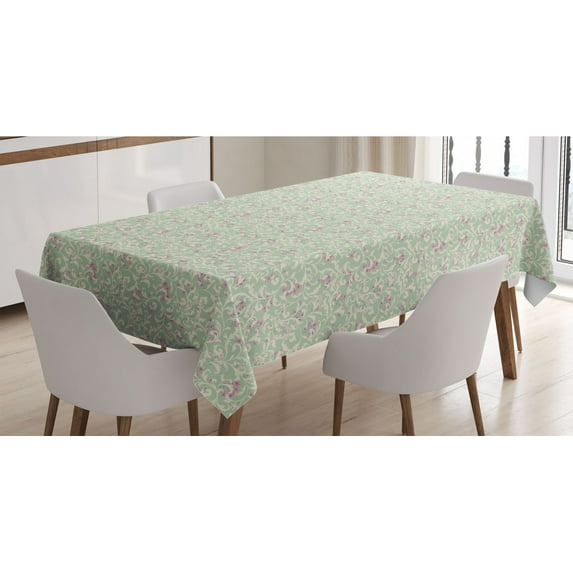 Romantic Tablecloth, Flourish Vintage Garden of Curlicue Branches and Flora, Rectangle Satin Table Cover Accent for Dining Room and Kitchen, 52" X 70", Sage Green Pale Pink, by Ambesonne