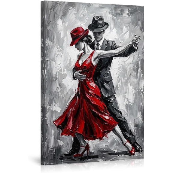 Romantic Tango Dancers Canvas Wall Art Abstract Couple Dancing in Red Dress Oil Painting Black and White Poster for Living Room Bedroom Home Wall Decoration