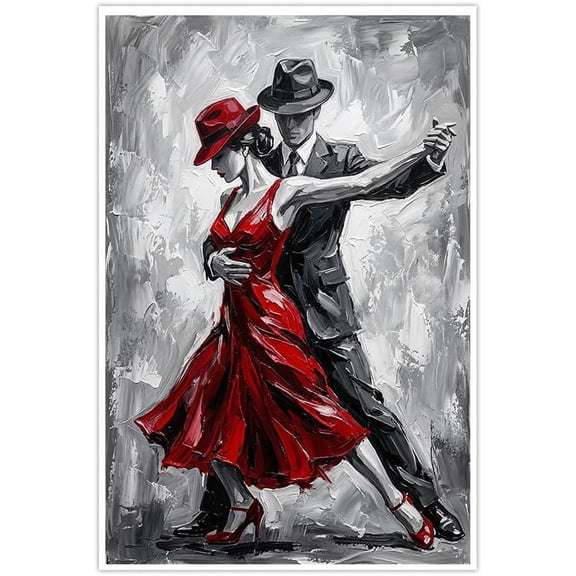 Romantic Tango Dancers Canvas Wall Art Abstract Couple Dancing in Red Dress Oil Painting Black and White Poster for Living Room Bedroom Home Wall Decoration
