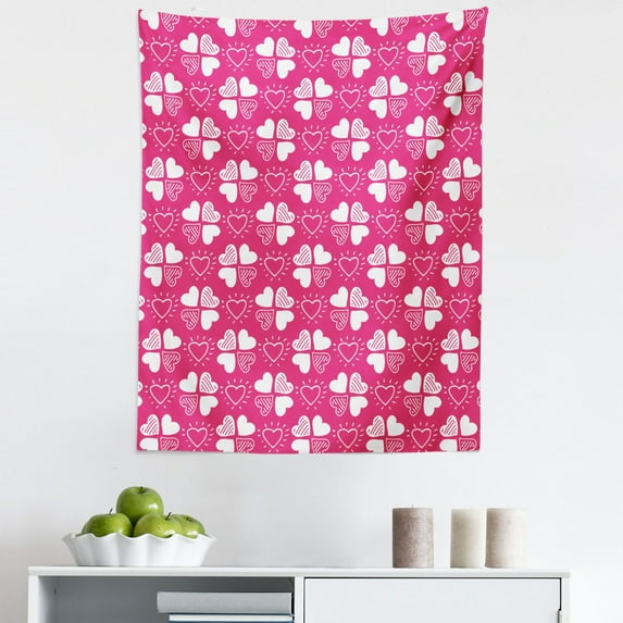 Romantic Tapestry, Continuous Hand Drawn Hearts as Clover Leaves Monochrome Valentine's Day, Fabric Wall Hanging Decor for Bedroom Living Room Dorm, 5 Sizes, Hot Pink and White, by Ambesonne