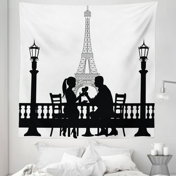 Romantic Tapestry, Couple Having a Romantic Dinner in Front of the Eiffel Tower Capital of Love, Fabric Wall Hanging Decor for Bedroom Living Room Dorm, 5 Sizes, Black White, by Ambesonne