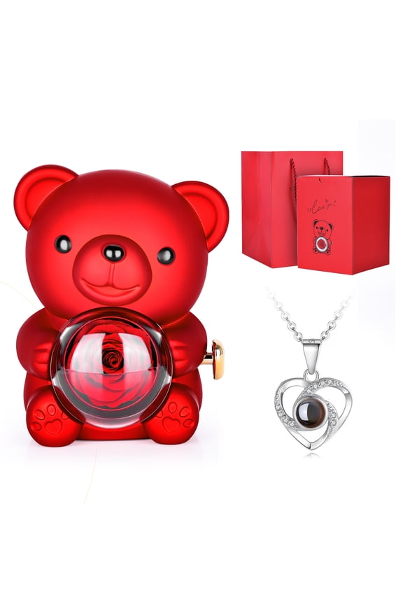 Romantic Teddy Bear with Preserved Rose and Necklace, Real Rose in Elegant Gift Box for Women, Preserved Roses Gifts for Valentine's Day, Mother's Day, Weddings, Anniversary, Birthday, Christmas