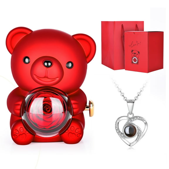 Romantic Teddy Bear with Preserved Rose and Necklace, Real Rose in Elegant Gift Box for Women, Preserved Roses Gifts for Valentine's Day, Mother's Day, Weddings, Anniversary, Birthday, Christmas