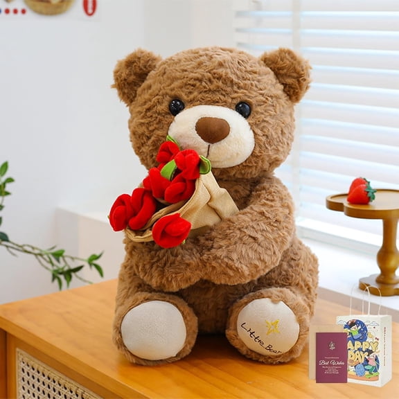 2026 New Teddy Bear with Bouquet, Cute Teddy Bear Plush Toy with Red Rose, Stuffed Animal with a Cute Bouquet of Flowers, Romantic Stuffed Animal (Orange1,pcs,K)
