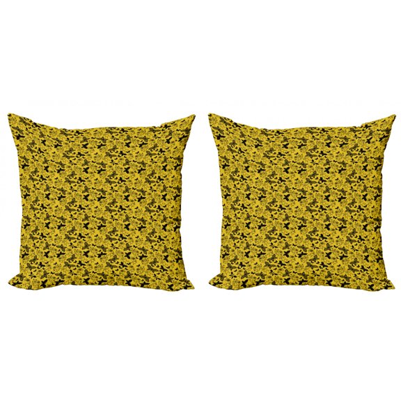 Romantic Throw Pillow Cushion Cover Pack of 2, Abstract Monochromatic Pattern with Butterflies and Flowers, Zippered Double-Side Digital Print, 4 Sizes, Yellow Taupe Grey, by Ambesonne