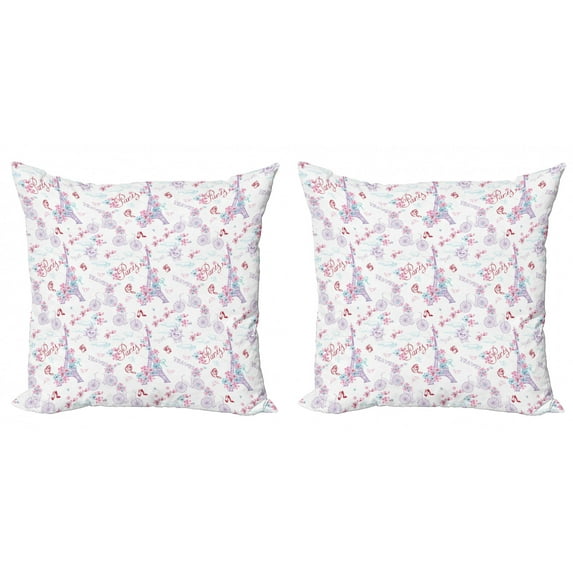 Ambesonne Vintage Throw Pillow Cover 2 Pack, Eiffel Tower and Flower, 16", Pale Blue Pink and White