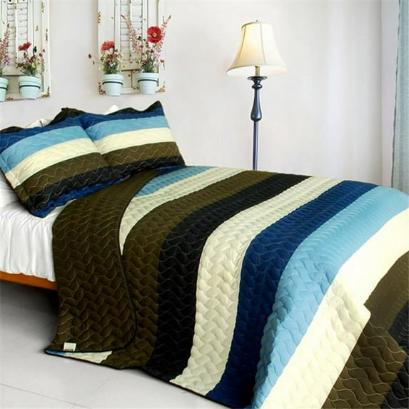 Romantic Town - 3 Pieces Vermicelli-Quilted Patchwork Quilt Set Full & Queen Size - Blue