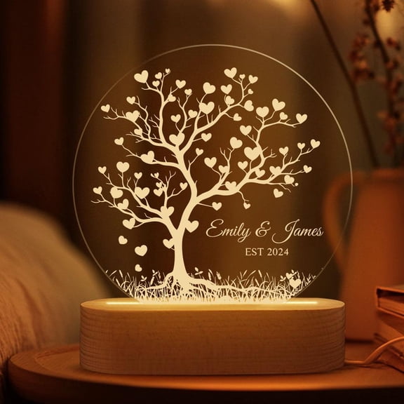Romantic Tree Of Love Custom Name Night Light Personalized Acrylic Heart Lamp Anniversary Decor Gift For Couples