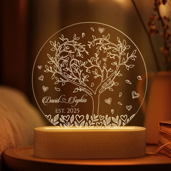 Romantic Tree Of Love Custom Name Night Light Personalized Heart Acrylic Lamp Wedding Anniversary Gift For Couple