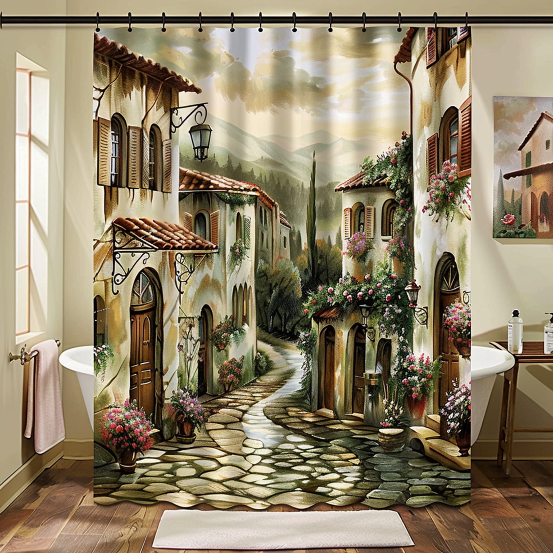Romantic Tuscany Village Shower Curtain Vintage Charm Scenic Beauty Blooming Flowers Stone Walls