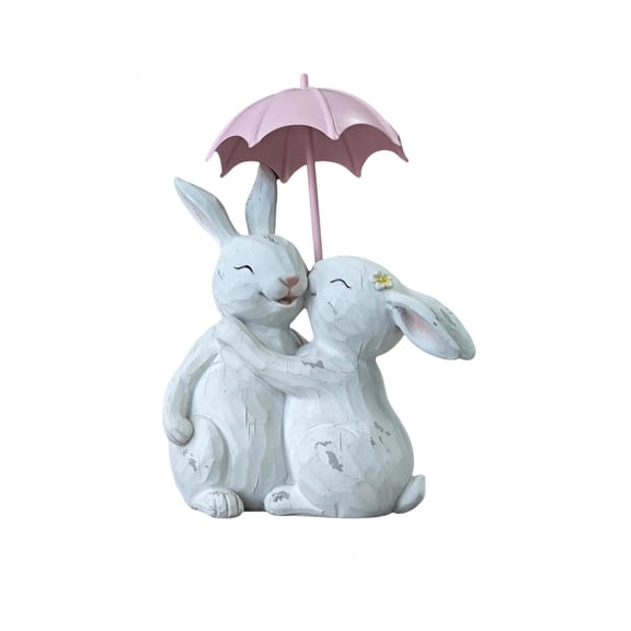 Romantic Umbrella Rabbits Figurine  Resin Bunny Couple Sculpture for Valentine's Day & Easter Decor  7.87" Kissing Rabbits Ornament for Home, Tabletop, or Gift