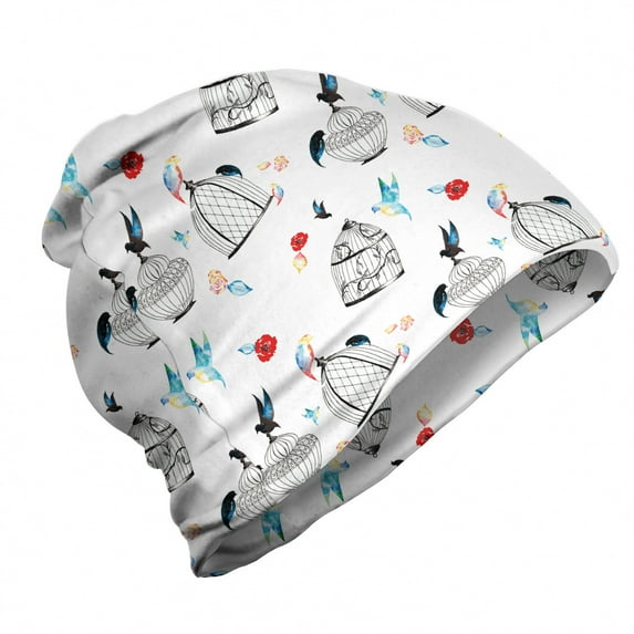 Romantic Unisex Beanie, Birds Roses Cages, Hiking Outdoors, Charcoal Grey Multicolor, by Ambesonne