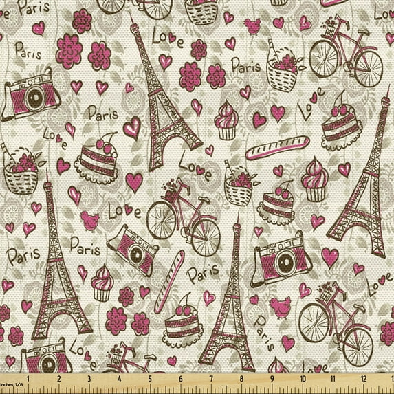 Ambesonne Black White Fabric by the Yard Upholstery, Europe French Paris, 5 Yards, Magenta Cream