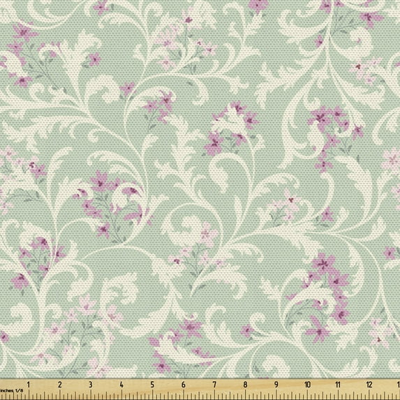 Ambesonne Romantic Fabric by the Yard Upholstery, Curlicue Flourish, 5 Yards, Sage Green Pale Pink