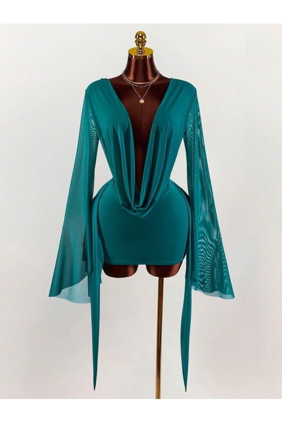 Romantic Vacation Low-Cut Draped Collar Flared Sleeve Bodycon Mini Dress