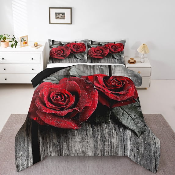Romantic Valentine Rose Comforter Set Full Size,Vintage Farmhouse Style Down Comforter for Couple Lovers,Flower Floral Duvet Insert,Love Hearts Leaves Blossom Bedding Lightweight