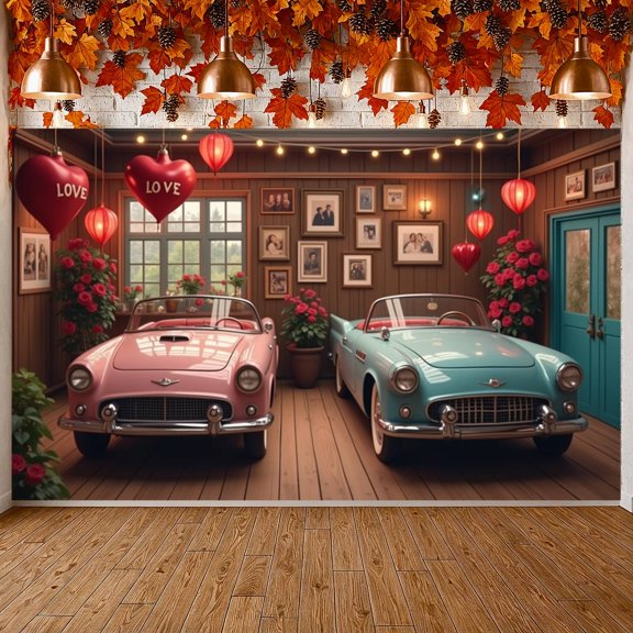 Romantic Valentine's Day Banner Vintage Car Love Backdrop Heart Balloons Red Roses Valentine Celebration Banner for Valentine's Day Party Romantic Date Photo Shoot