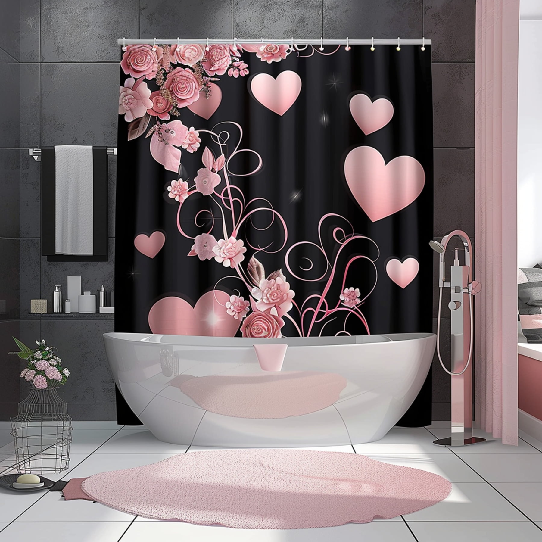 Romantic Valentine's Day Bathroom Decor Set Pink Hearts Roses Lace