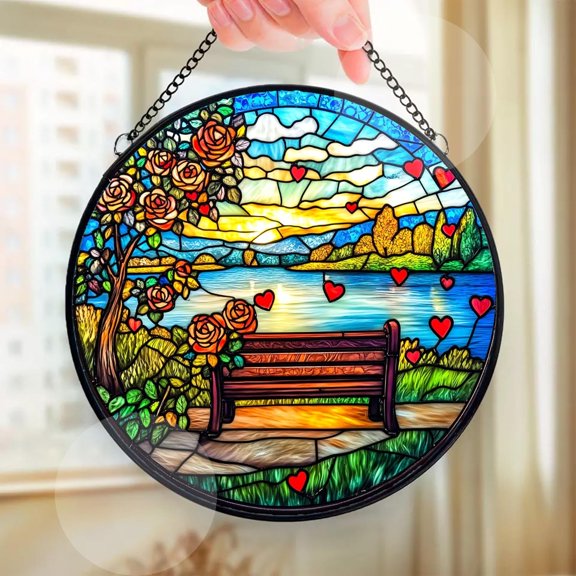 Romantic Valentine’s Day Bench Sun Catcher Stained Glass Window Hanging Flower Lover Gifts for Women, Wall Decor Handmade Sun Catcher Decoration for Home Garden Housewarming Gifts Size 8in