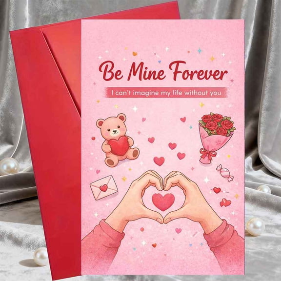 Romantic Valentine's Day Card  "Be Mine Forever" Design with Heart and Bear  Blank Inside, Envelope Included  Perfect Love Note for Partner, Girlfriend, or Wife
