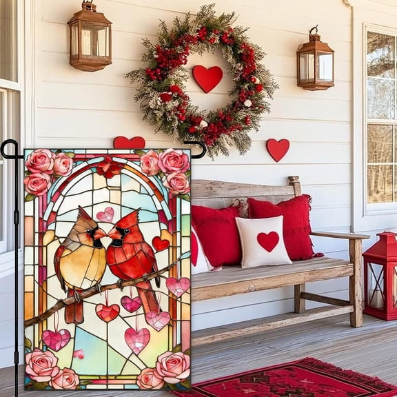 Romantic Valentine's Day Garden Flag - Cardinal Glass Love Heart 12x18 Inch 3 Ply Double Sided Decor for Wedding Anniversary Lawn Indoor