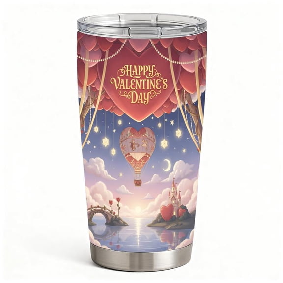 Romantic Valentine’s Day Heart Hot Air Balloon Tumbler, Double-Wall Insulated Stainless Steel Travel Mug, Gift for Her
