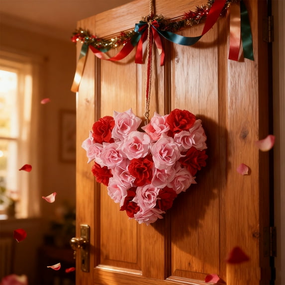 Romantic Valentine’s Day Heart-Shaped Wall Hanging Decor, Vibrant Red Artificial Rose Ornaments, Elegant Scene Decoration Wreath, Perfect Festive Accent to Celebrate Valentines Day at Home, 1pcs