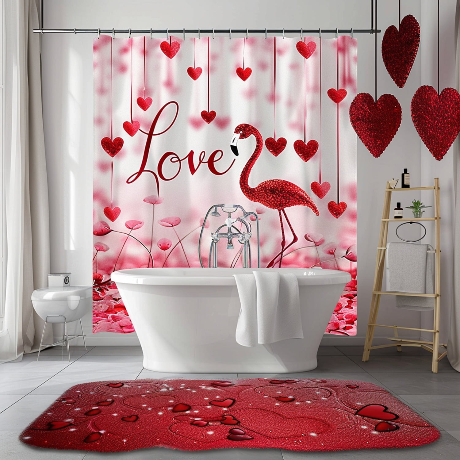 Romantic Valentine's Day Shower Curtain Heart Flamingos Love Cursive