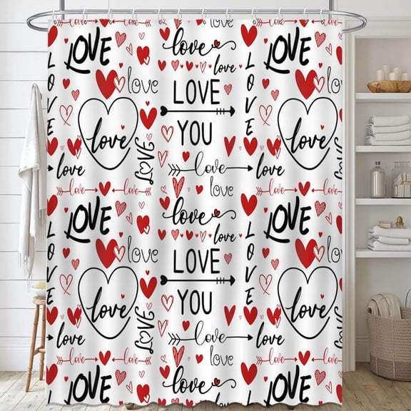 Romantic Valentine''s Day Shower Curtain I Love You Words Red Hearts Bath Curtain Romance Couple Valentine Waterproof Fabric Bathroom Decor with 12 Hooks