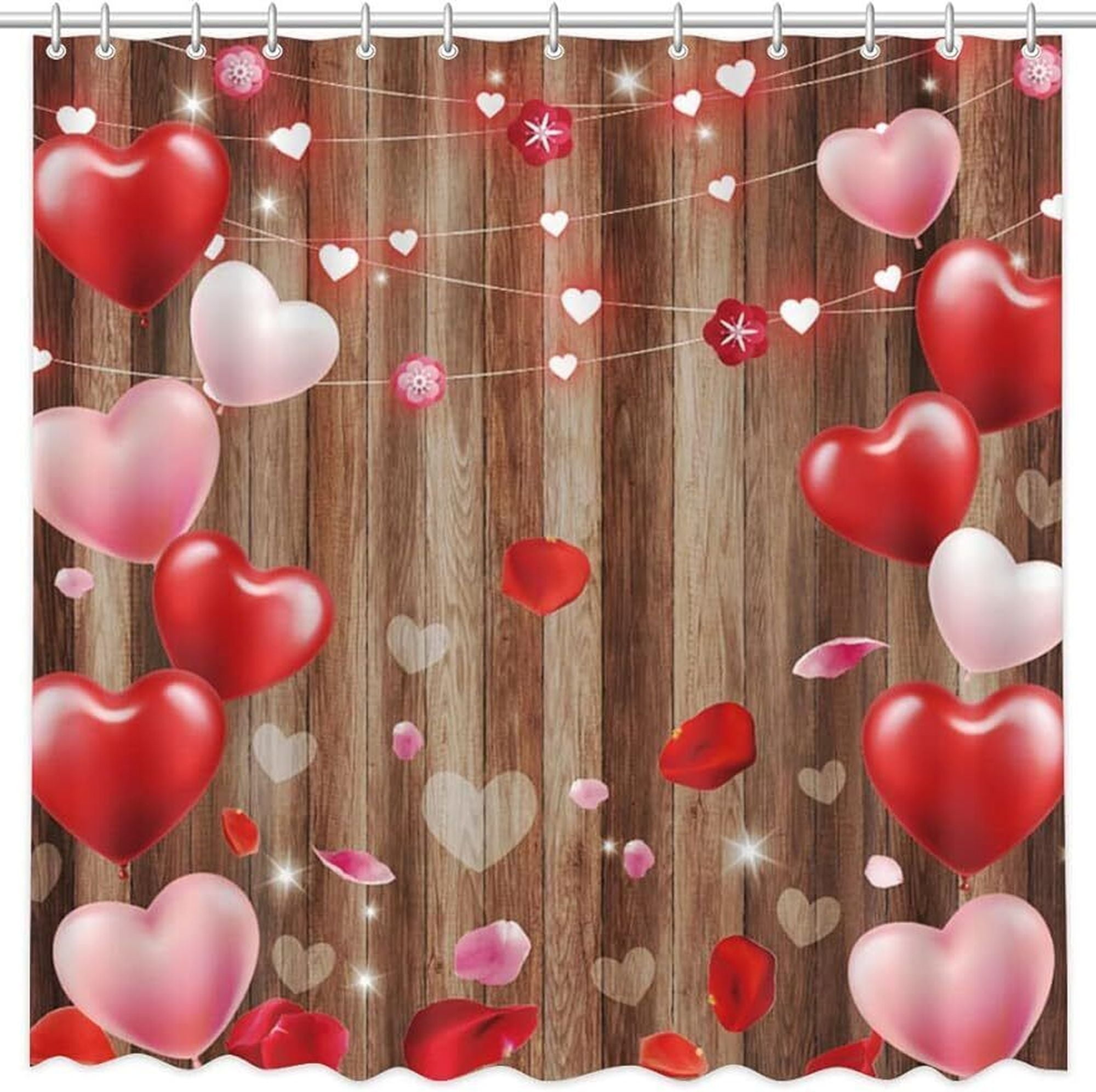 Romantic Valentine's Day Shower Curtain Set with 12 Durable Plastic