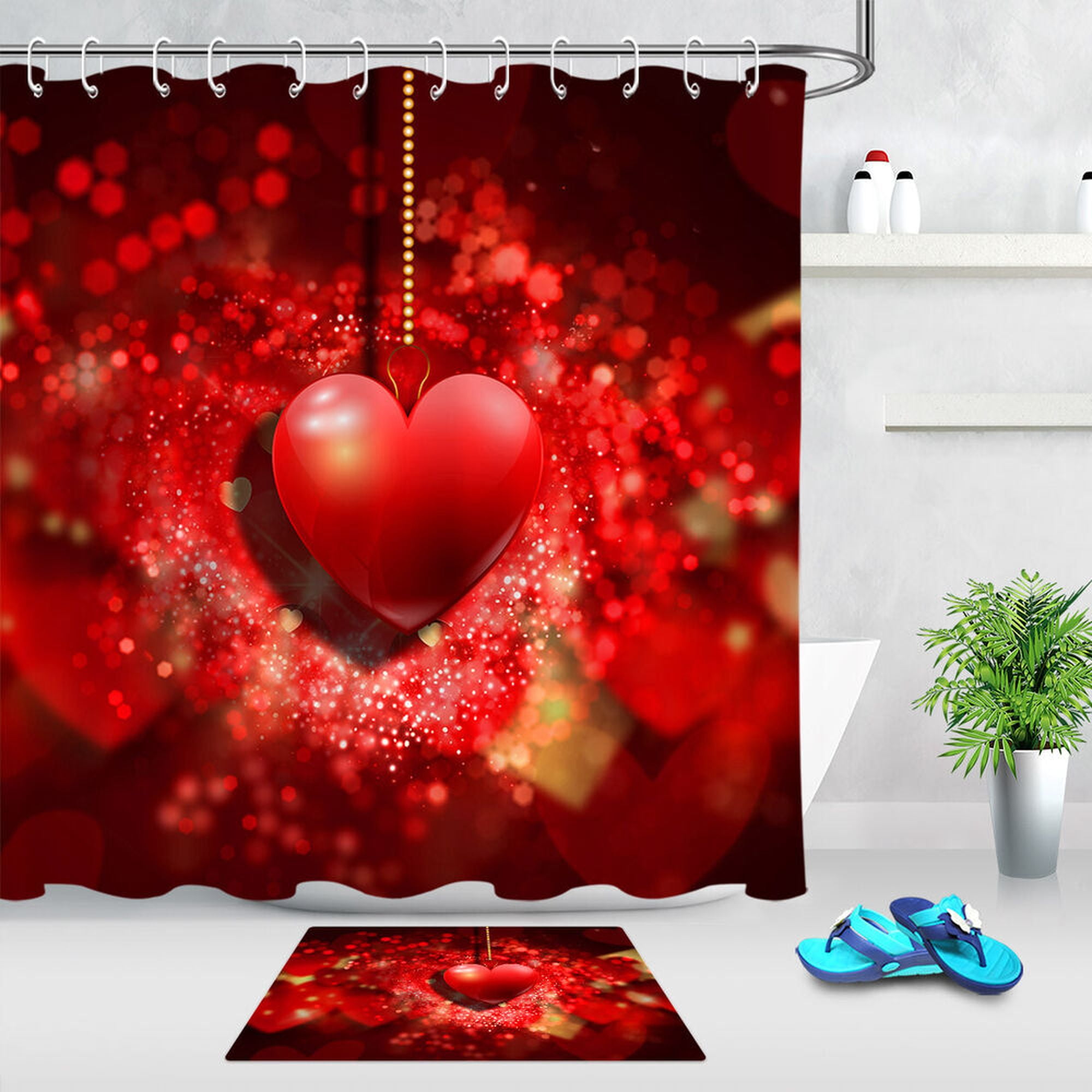 Romantic Valentine's Day Shower Curtain Set with Hanging Heart Ornament Elevate Your Bathroom