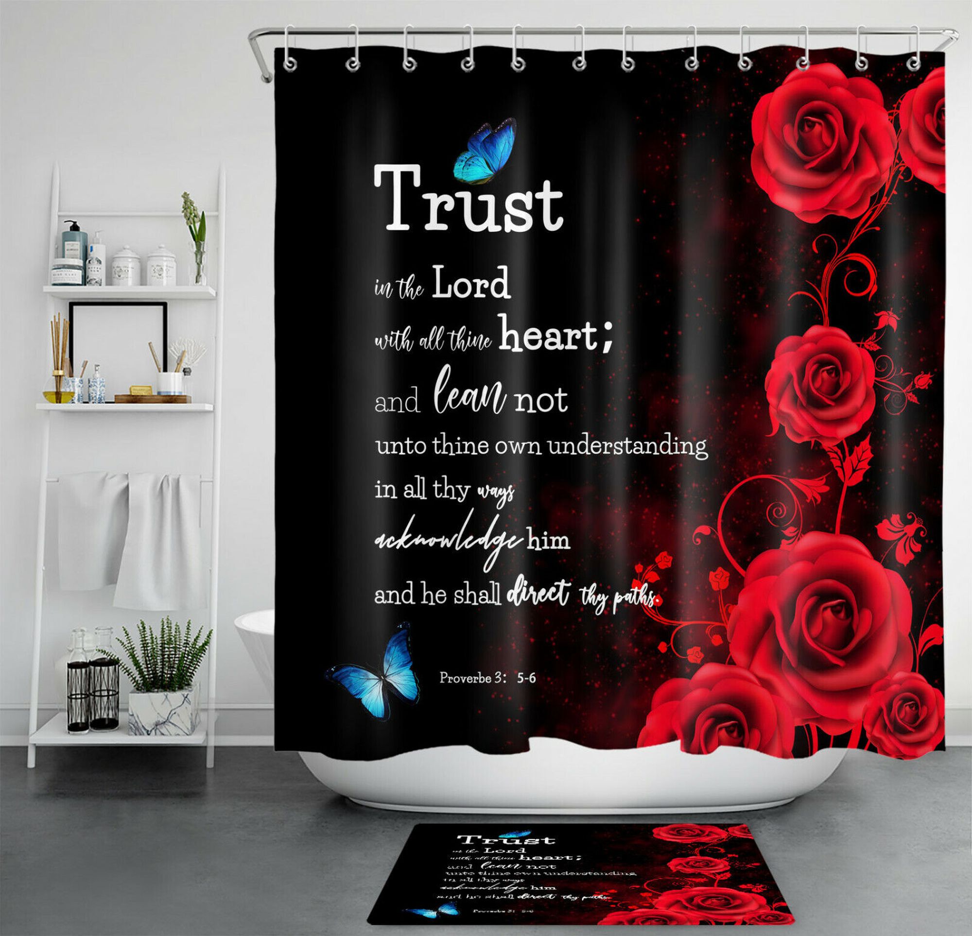 Romantic Valentine's Day Shower Curtain Set with Red Rose and Blue Butterfly Bathroom Décor