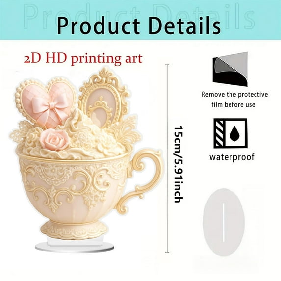 Romantic Valentine's Day Tea Cup Ornament - Style E, 15cm Acrylic Decorative Cup Figurine for Gift & Home Decor