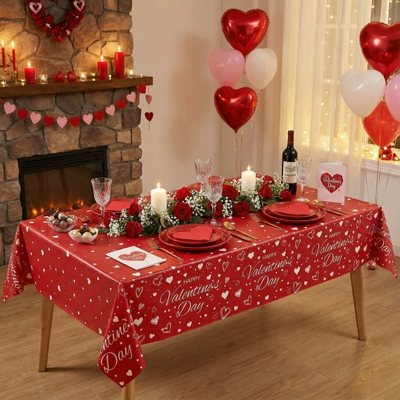 Romantic Valentine's Day Waterproof Tablecloth - Extra Large 54x108 Inches - Heart Pattern Design - Perfect for Anniversary Dinners & Romantic Date Nights - Easy to Clean & Reusable