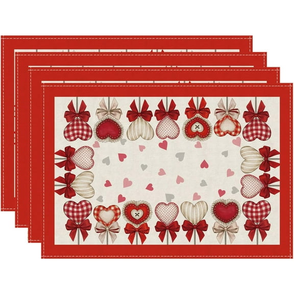 Romantic Valentines Day Bow Love Hearts Cloth Placemats Set of 4 Table Mats Table Decorations 12x18 Inch